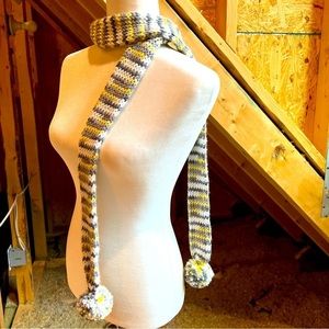 Yellow white gray skinny scarf with pom-poms 62 x 2